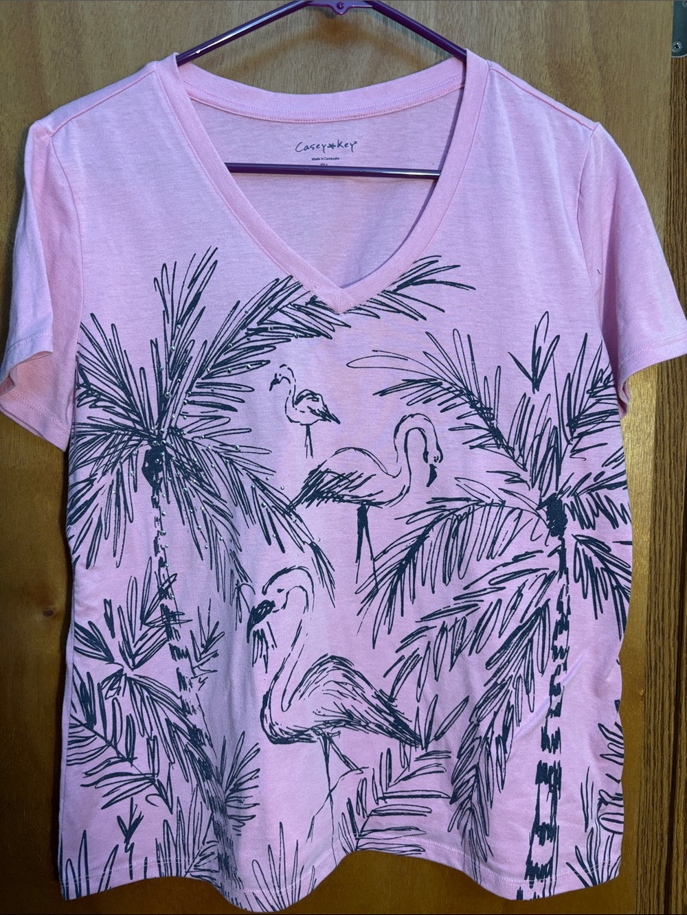 Casey & Kory Pink V-Neck Flamingo Palm Print Tee w/ Bling